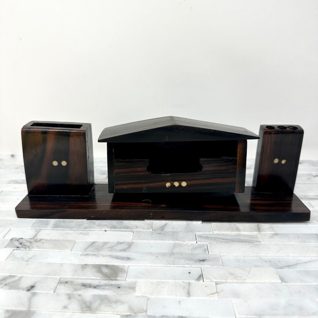 Rosewood Desk Caddy Organizer, Vintage 1960s Dark Wood Inlay Desk