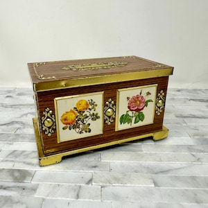 Blue Bird Confectionery Floral Tin Money Box, Vintage Decorative Metal Tin, English Harry Vincent Woodgrain Metal Mid Century Bank