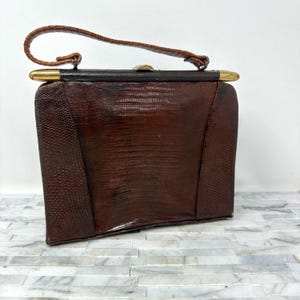 Brown Alligator Reptile Box Purse, Vintage Mid Century Brown Reptile Pattern Bag Top Handle, Vintage  MCM Handbag