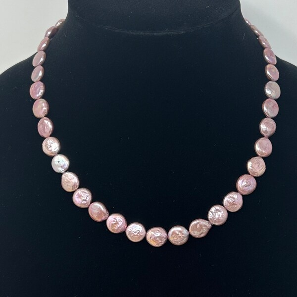 Pink Coin Pearl Necklace 18", Vintage 12mm Flat Pearl Wire Thread Necklace, Vintage Pearl Necklace, Pink Costume Jewelry Necklace