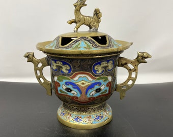 Asian Brass Champleve Censer, Enamel Cloisonné Incense Burner, Foo Dog Dragon, Vintage Brass Vintage Home Decor Asian Decor