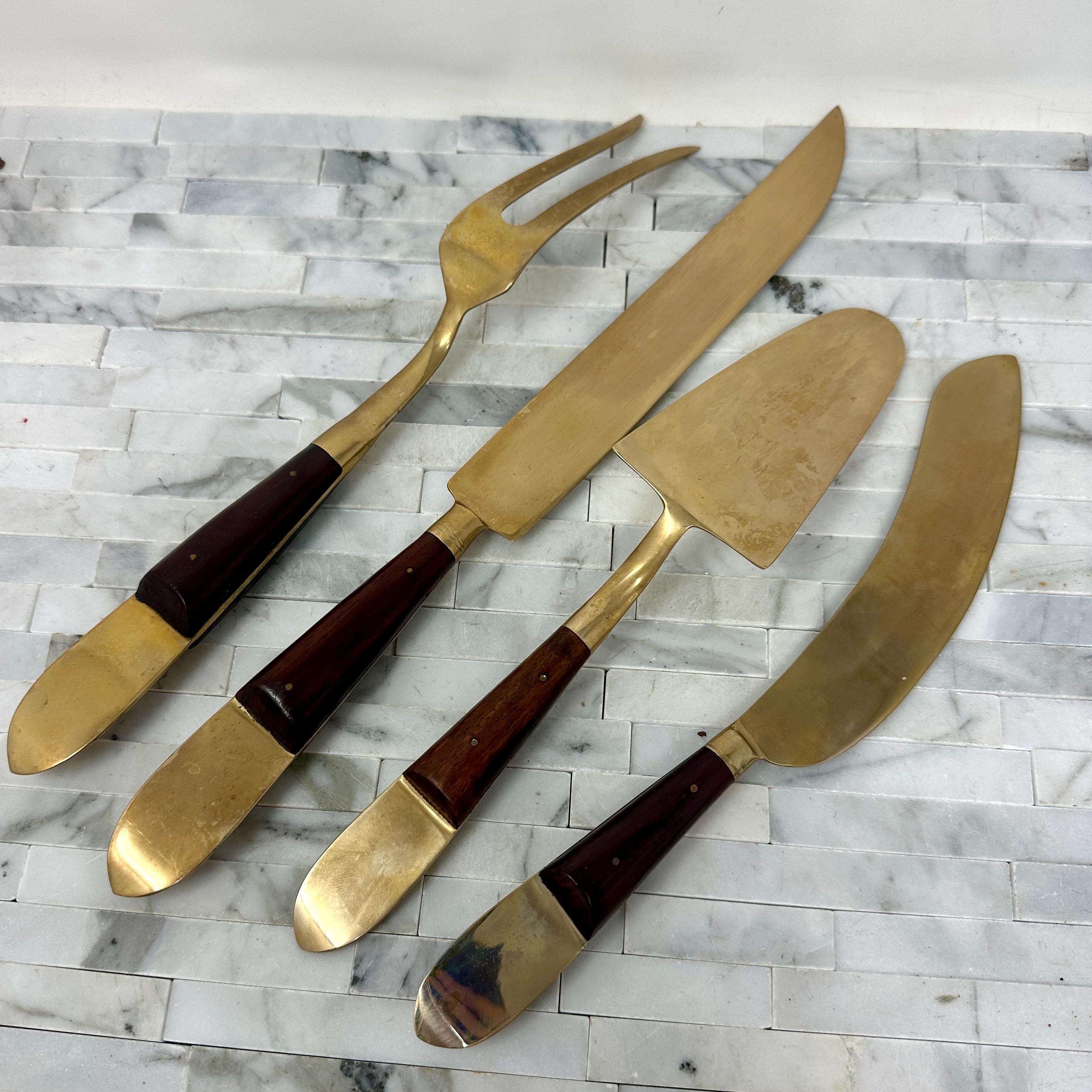 Vintage Bronze Wood Urai Thailand Siam Handle Serving Set of 4