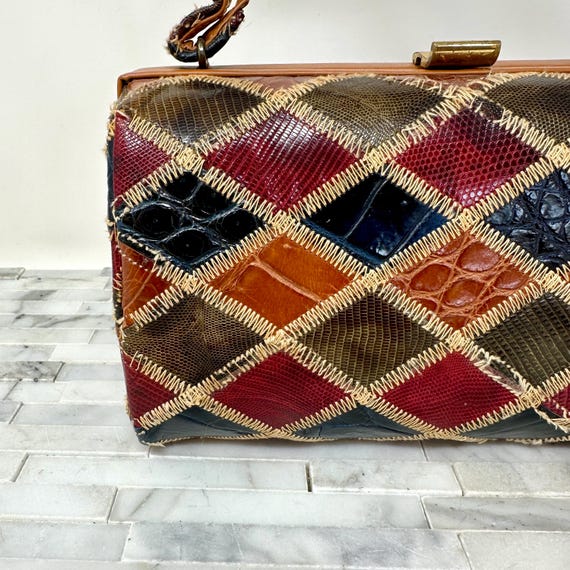 Patchwork Reptile Alligator Leather Box Purse Top… - image 9