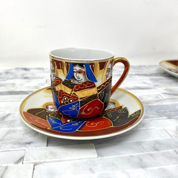 Japanese Moriage Immortals Lithophane Geisha Teacup Saucer Simple Garland Geisha, Vintage 1930s 1950s Red Gold Blue Porcelain Asian Export