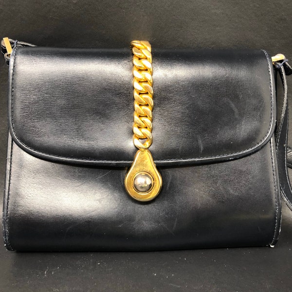 Authentic Gucci Navy Blue Box Leather Gold Tone Chain Accent Evening Bag, Vintage 1970s 1980s Genuine Gucci Designer Shoulder Bag Purse