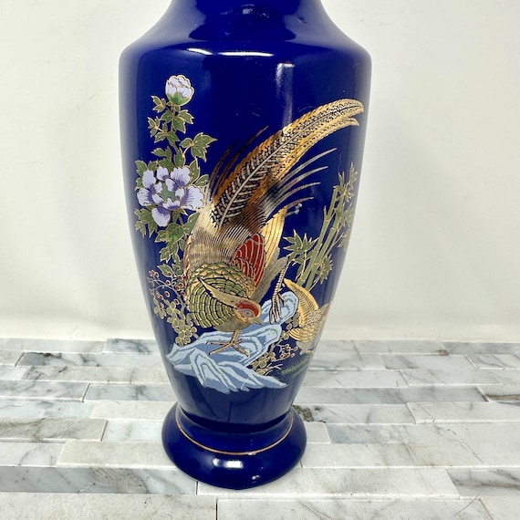 Asian Cobalt Blue Pheasant Vase 8 1/4