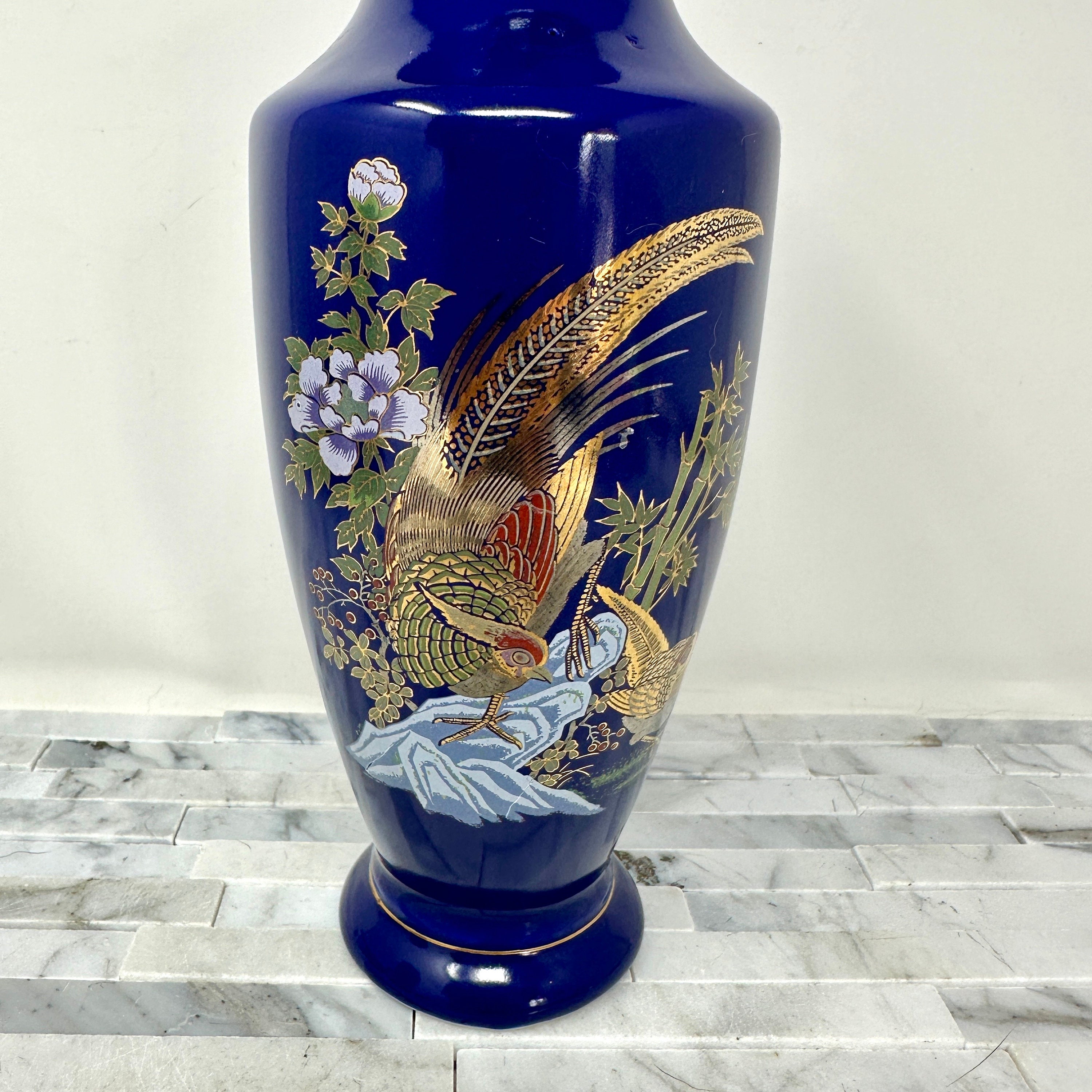 Asian Cobalt Blue Pheasant Vase 8 1/4