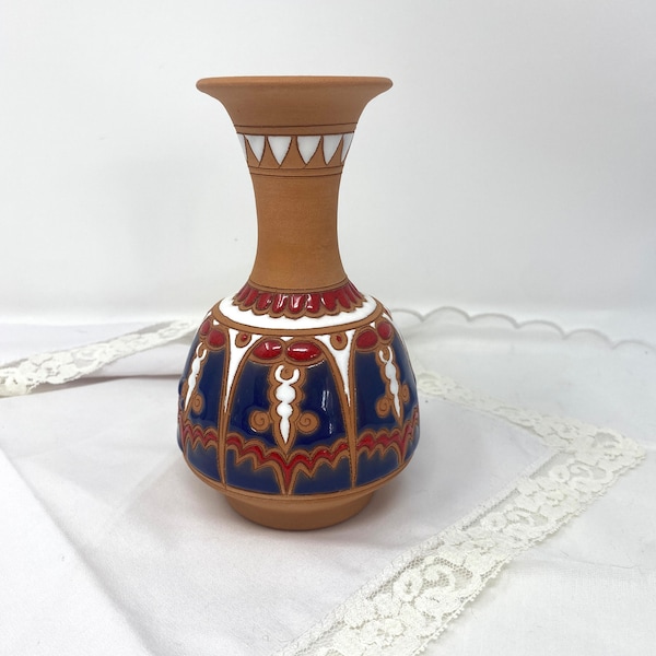 Bonis Pottery Greek Pottery Vase, Vintage Enameled Red Clay 6" Vase, Hand Made Signed Pottery Made Greece Greek Folk Art, Vintage Home Decor