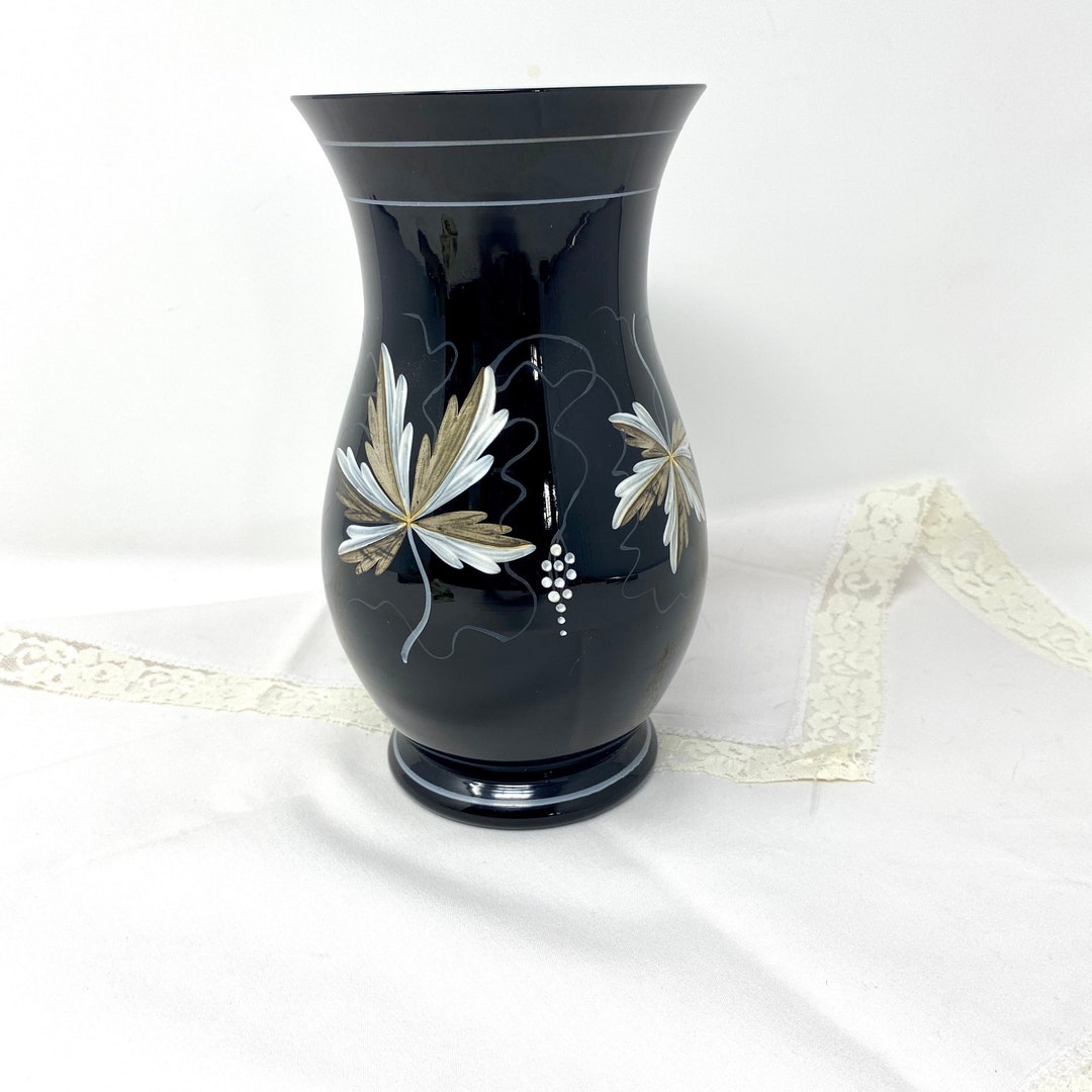 Black Glass Flower Vase 7 L Grobenain German Hyalith Etsy
