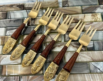 Thailand Bronze Rosewood Salad Forks Set 6 Siam Sitting Buddha Handles, Bronze Rosewood Place Setting Curved Tine Forks, Bronze Flatware