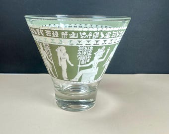 Mid Century Hazel Atlas Green Band Egyptian Hieroglyphic Ice Bucket, Vintage Mod Barware Decor