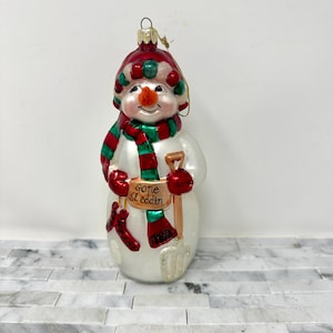Blown Glass Snowman Christmas Tree Ornament 6 1/2", Vintage Traditional White Gone Sleddin Tall Hanging Holiday Ornament