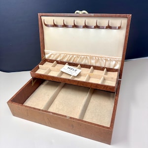 Mid Century Mele 2 Tier Jewelry Box, Vintage Brown Faux Leather Beige Interior