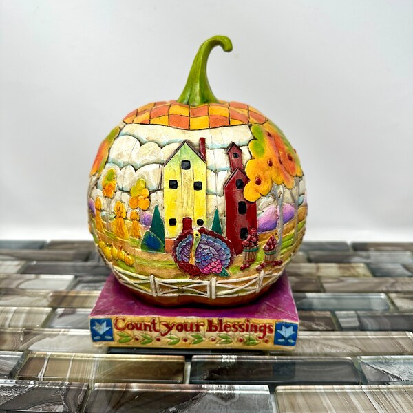 Jim Shore Heartwood Creek Enesco Count Your Blessings Figurine Fall Decor Holiday Display, Vintage 2000s Pumpkin Country Farm Holiday Decor