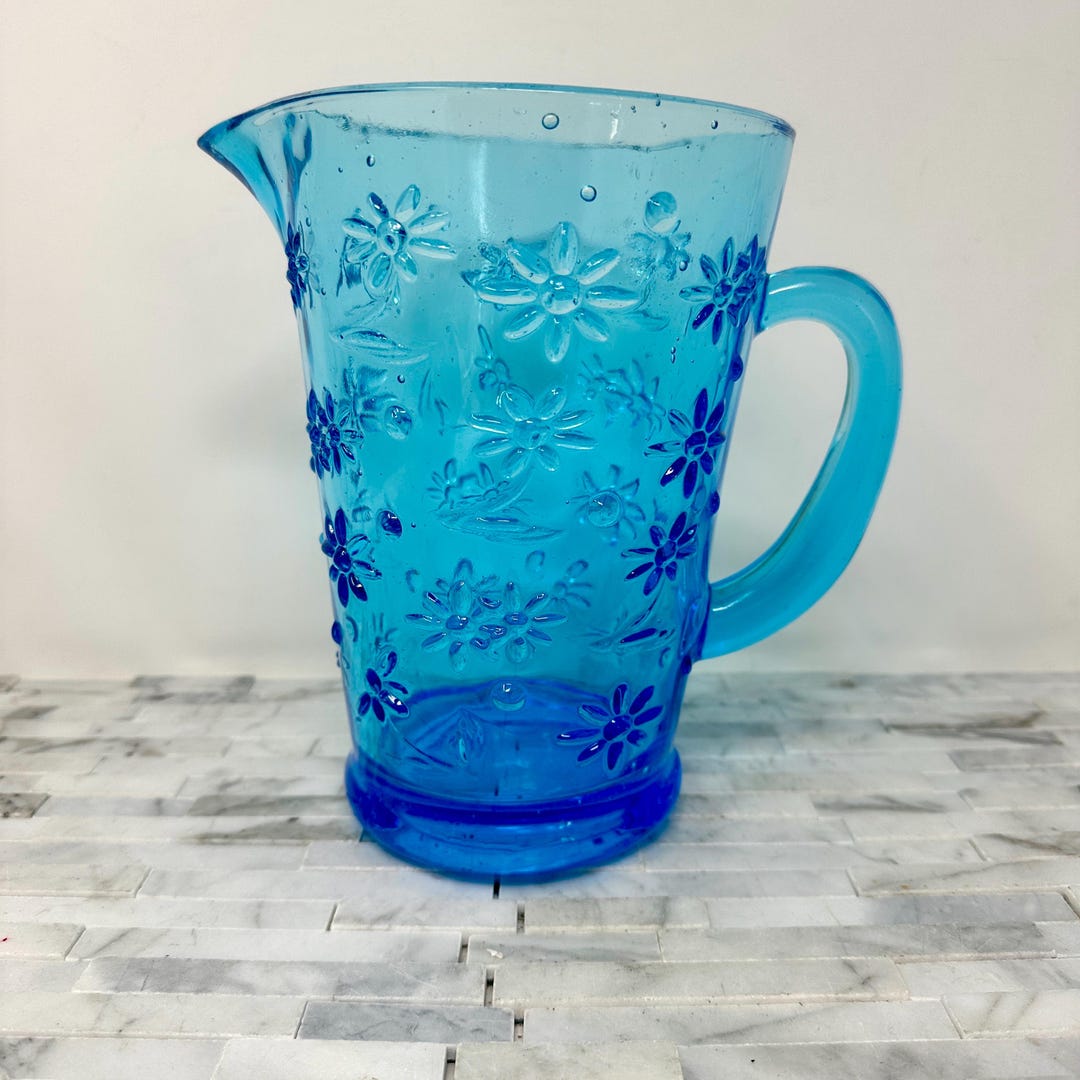 Aqua Blue Bubble Glass Pitcher With Flowers 60 Oz, Vintage Bright Blue ...