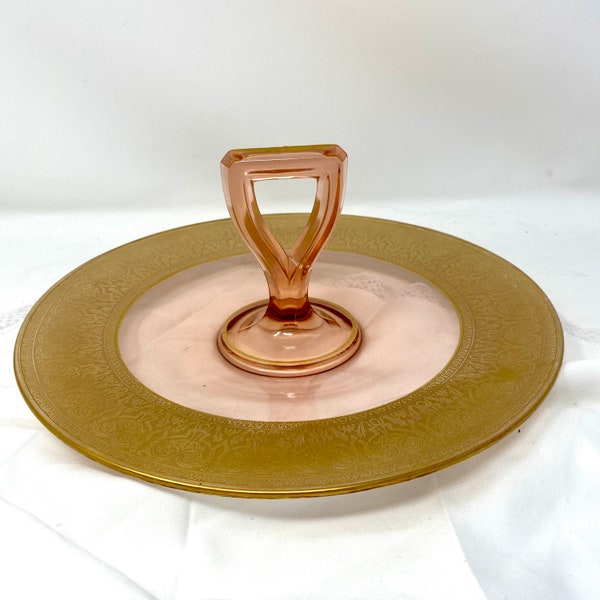 Central Glass Works Center Handled Tray Wide Gold Band 10 1/2", Vintage 1930s Pink Depression Glass Round Pink Glass Plate Tidbit Tray