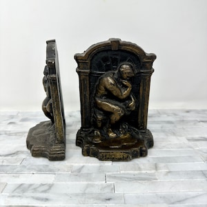 Bronze Rodin Thinker Bookends, Vintage 1920s 1930s Art Deco Book Ends 5 1/8&quot; Tall, Vintage Heavy Metal Library Home Decor,