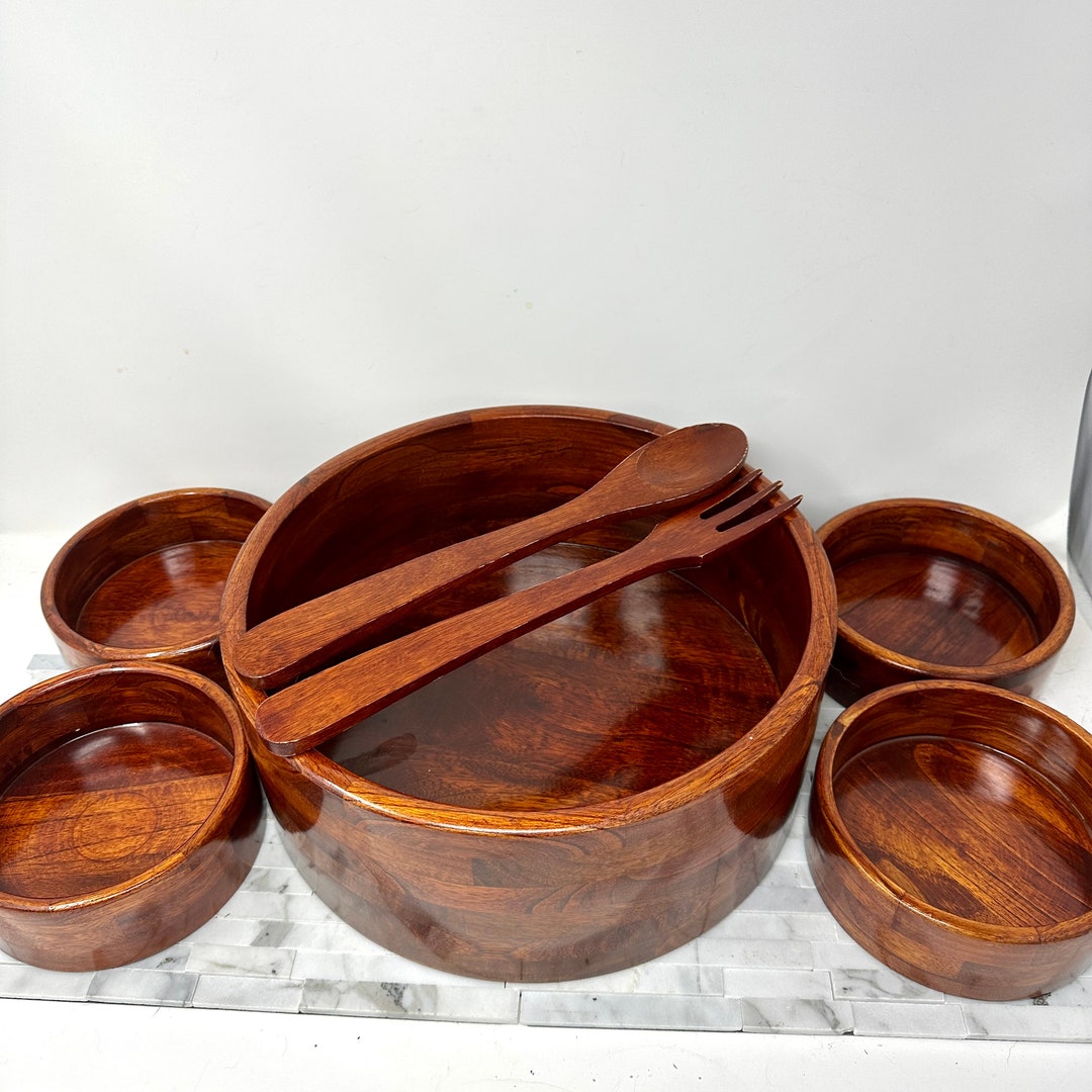 Vintage Wood Salad Bowl Set, Vintage Salad Serving Bowl 4 Salad Bowls