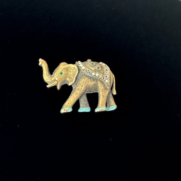 JJ Gold Brass Elephant Brooch, Vintage 1970s Jonette Jewelry Brushed Brass Elephant Pin, Rhinestone Studded Brooch, Costume Jewelry
