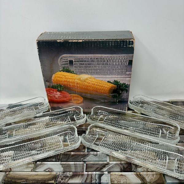 Crystal Corn on the Cob Cradles Javit Towle Set 6 Boxed, Vintage Corn Holders, Vintage Kitchen Dining Serving, Clear Corn Cradles