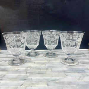 Fostoria Midnight Rose Juice Glasses Set 4, Vintage Rose Floral Etched Small Tumblers, Vintage Barware Kitchen Glasses, Elegant Delicate