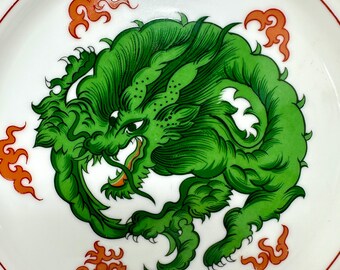 Fitz and Floyd Dragon Crest Green Dinner Plate, Vintage Green Red