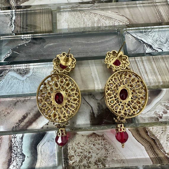 Red Gold Tone Bollywood Pierced Dangle Earrings, … - image 4