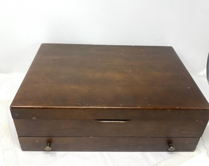 Walnut Dark Wood Flatware Storage Box With Drawer, Vintage Silver Chest
