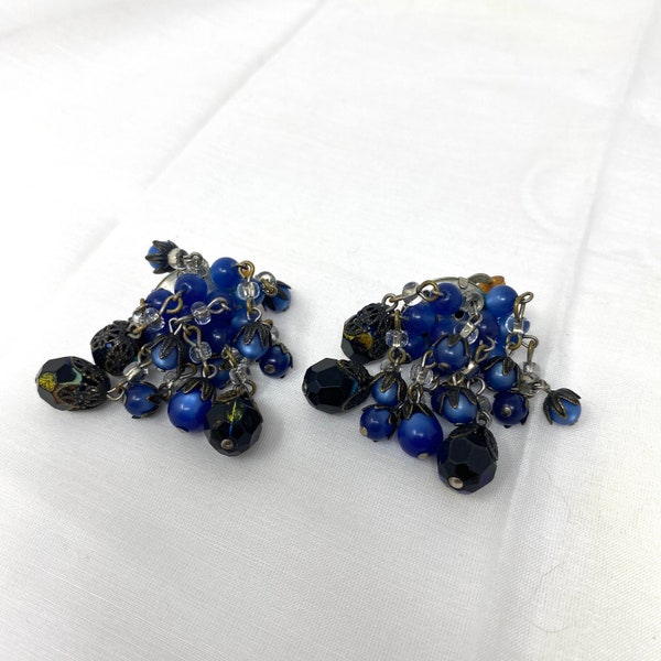 Hobe Blue Bead Cluster Dangle Earrings, Vintage 1960s Cluster Chandelier Bead Clip Earrings, Vintage MCM Signed Blue Costume Jewelry