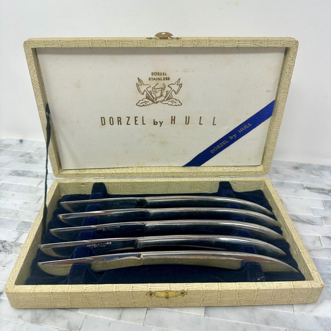 Dorzel Stainless Steel Hull Steak Knife Boxed Set 5, Vintage Curved MCM ...