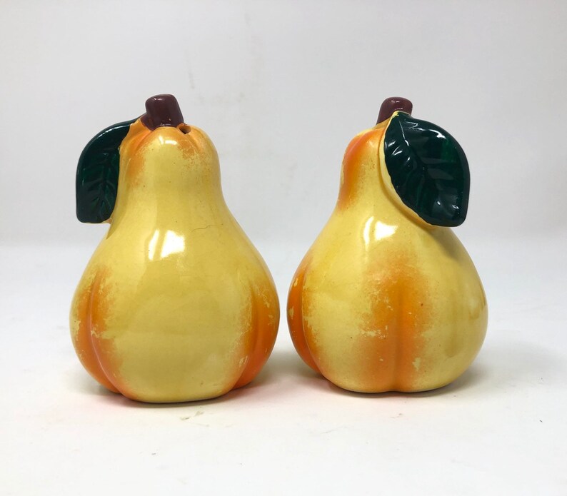 1950s Pear Ceramic Salt Pepper Shakers Yellow Fruit Novelty Shakers Vintage Tableware Table Decor