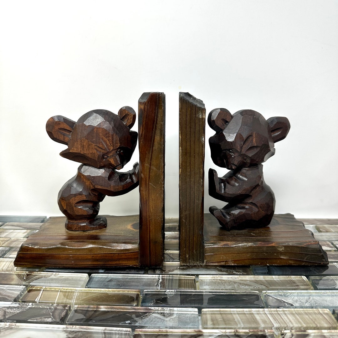 Wood Carved Bear Cub Bookends, Vintage 1960s L Shaped Book Ends Black