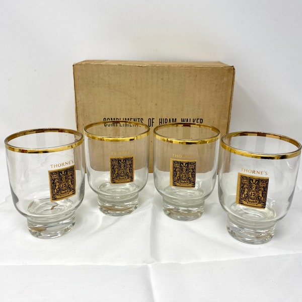 Thorne's Scotch Whiskey 12 Year Tumblers Set of 4 by Federal Glass, Vintage 1960s Gold Trim Barware 12 oz Rocks Glasses, Hiram Walker Import