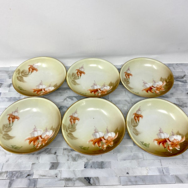 Antique RS Tillowitz Silesia Berry Dessert Bowls 6, Orange Angel Trumpet Flowers Gold Trim 5 1/4" Bowls, Reinhold Schlegelmilch Porcelain