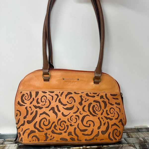 Tignanello Orange Floral Cut Out Top Handle Shoulder Bag, Vintage Orange Brown Leather Handbag, Tangerine Chocolate Casual Everyday Purse
