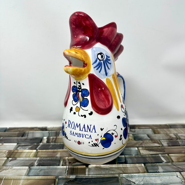 Deruta Rooster Pitcher 10", Made in Italy Romana Sambuca, Vintage Colorful Hand Painted Chicken Pitcher, Vintage Chicken Kitchen