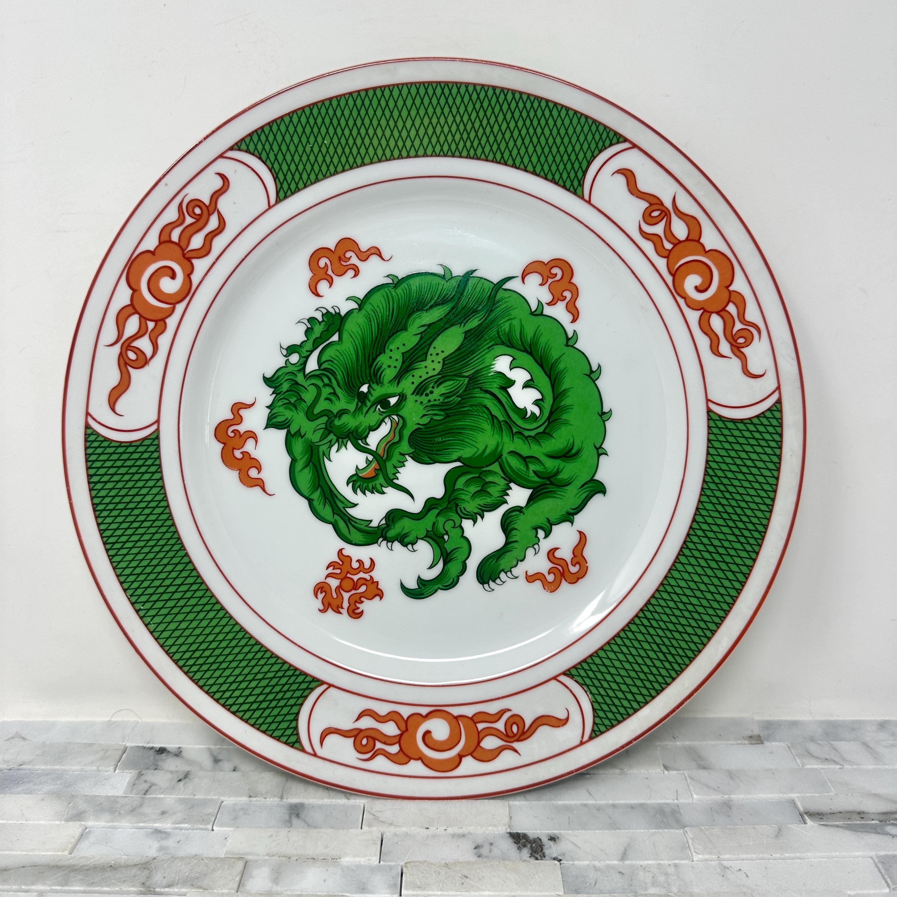 Fitz and Floyd Dragon Crest Green Dinner Plate, Vintage Green Red