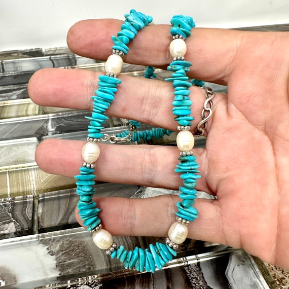 Turquoise Chip and Pearl Bead Necklace 18", Singl… - image 3