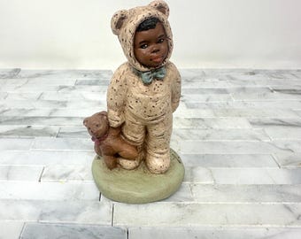 Martha Holcombe Bo 1530 Figurine, Vintage Miss Martha Original All Gods Children, African American Little Boy Dressed as Teddy Bear