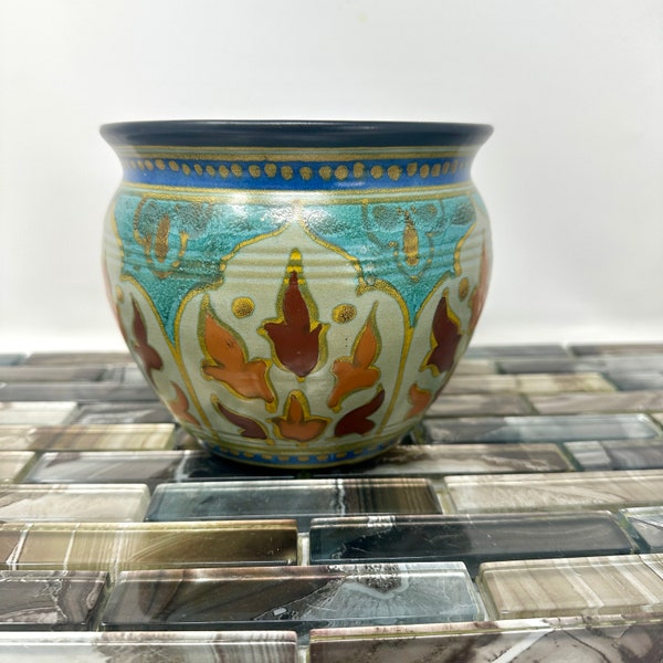 Gouda Pottery Bowl Kamada 1313, Vintage Holland Planter Pot Orange Red Blue, Decorative Bowl, Art Deco Art Nouveau Home Decor