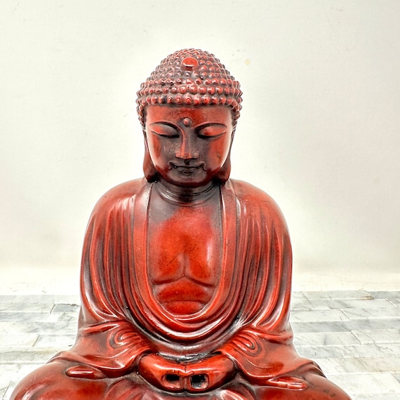Red Resin Ru Lai Buddha Meditating Figurine 6 3 4 Vintage Heavy Buddhist Modern Decor Vintage Home Decor Asian Red Home Shelf Decor Etsy