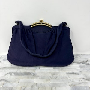 Monedero de tela azul marino Garay con asa superior, bolso de mano geométrico alto vintage de mediados de siglo, monedero moderno con forro de satén.