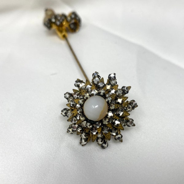 Miriam Haskell Floral Stick Pin, Vintage 1940s Floral Montee Rhinestone Faux Pearl Pin Rhinestone Bow Pearl Dangle Lapel Pin Costume Jewelry