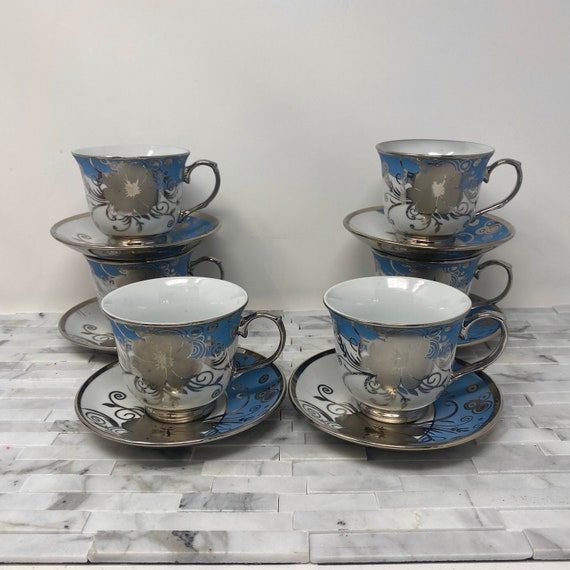 Blue Silver Teacup Saucer Set, Vintage Metallic and Blue Floral 8 ...