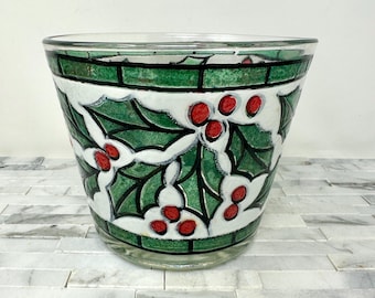 Cubitera de vidrio de colores con hojas de acebo y bayas pintadas, 11 cm, vajilla navideña vintage