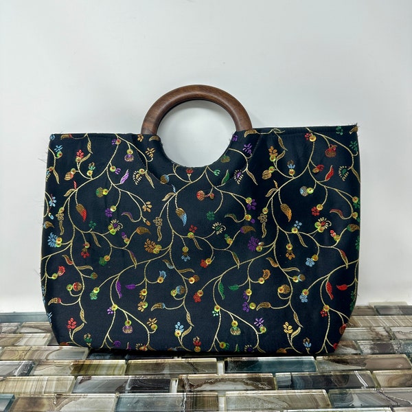 Black Floral Embroidered Tote Bag Purse Wood Handles 12", Vintage Black Satin Silk Large Handbag, Retro Pretty Floral Bag,