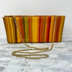 Bolso de mano a rayas de Paul Melian Spain, bolso vintage de acuarela en color naranja y verde, bolso de hombro de noche con cadena en tono dorado para cita en otoño e invierno