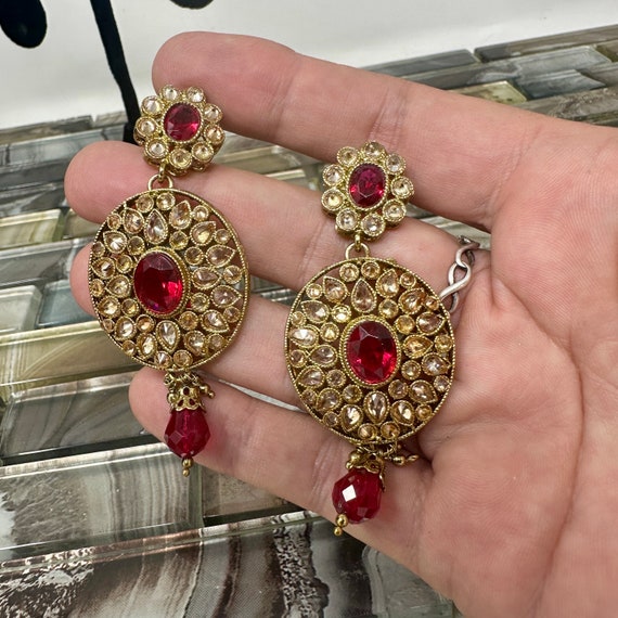Red Gold Tone Bollywood Pierced Dangle Earrings, … - image 2
