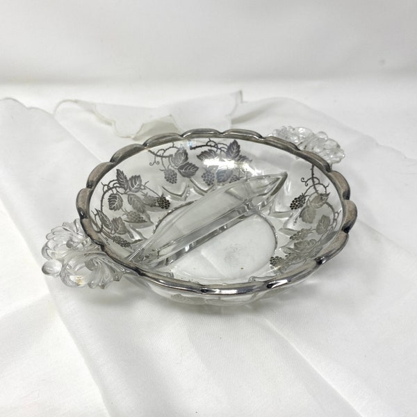 New Martinsville Divided Relish Dish Sterling Overlay, Vintage 1940s Viking Glass Handled Sterling Berry Vine Pattern, Elegant Dining Silver