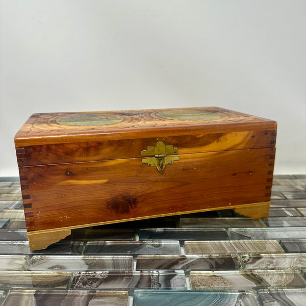 Cedar Wood Jewelry Box Scroll Carved Decoupage Lid 10 1/2" x 6 1/4" with Mirror Vintage Stash Box, Mens Retro Dresser Jewelry Trinket Box